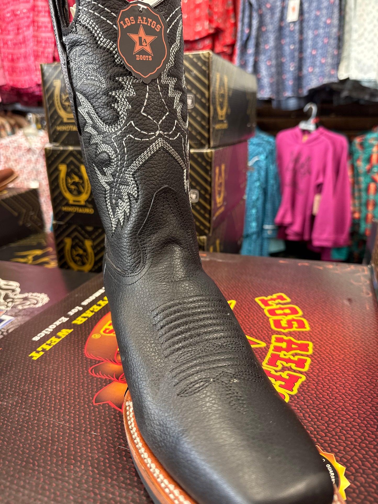Los Altos Men's Black Genuine Grisly Leather Wide Square-Toe Cowboy Boots