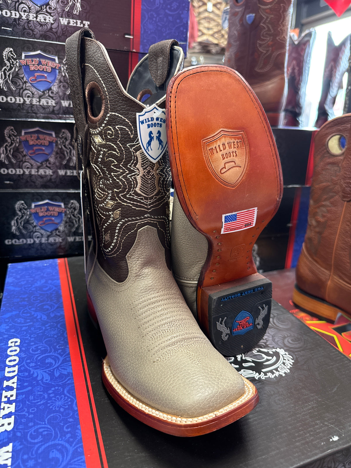 Wild West boots men’s wide square two grizzly phomex made in the USA