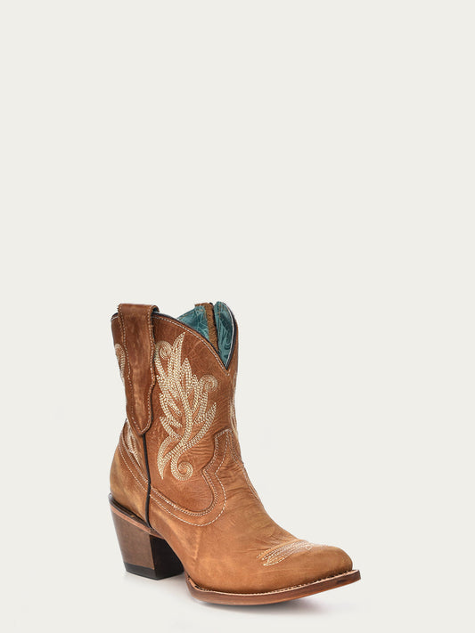CORRAL  WOMEN'S WHITE EMBROIDERY TAN J-TOE ANKLE BOOT WITH ZIPPER