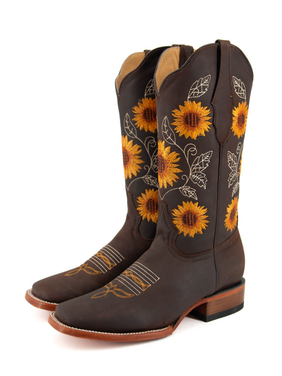 Camila Brown Square-Toe Sunflower Embroidery Mid Calf Cowgirl Boots