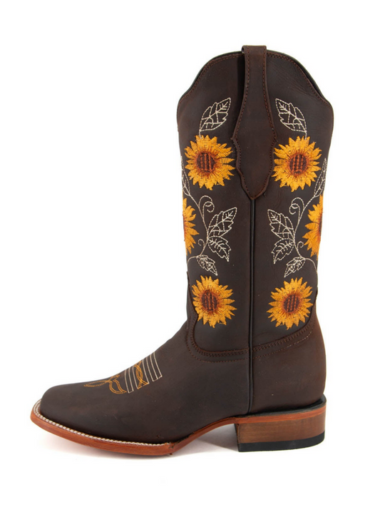 Camila Brown Square-Toe Sunflower Embroidery Mid Calf Cowgirl Boots