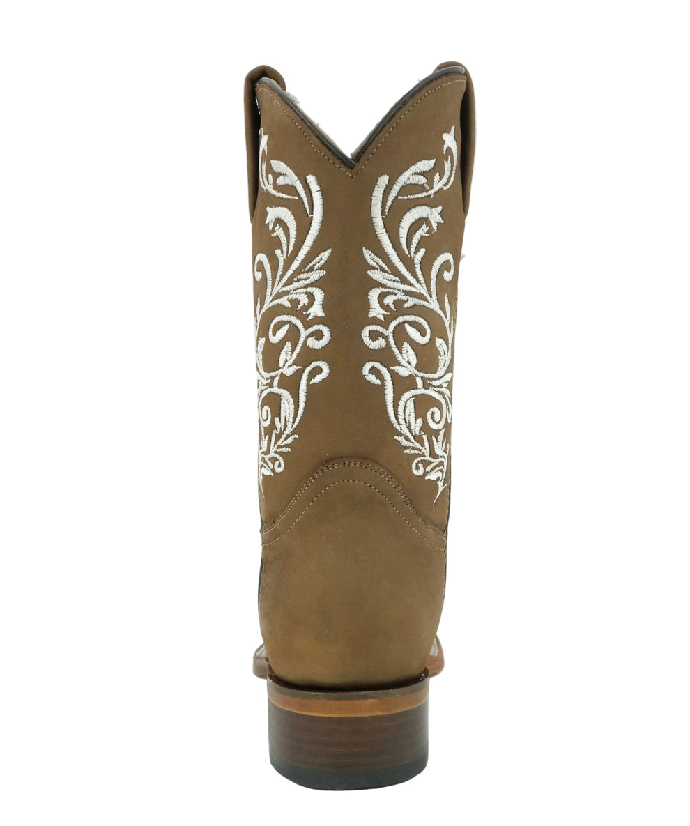 Calzatti Women's Hazelnut Nobuck Embroidered Wide Square Toe Boot
