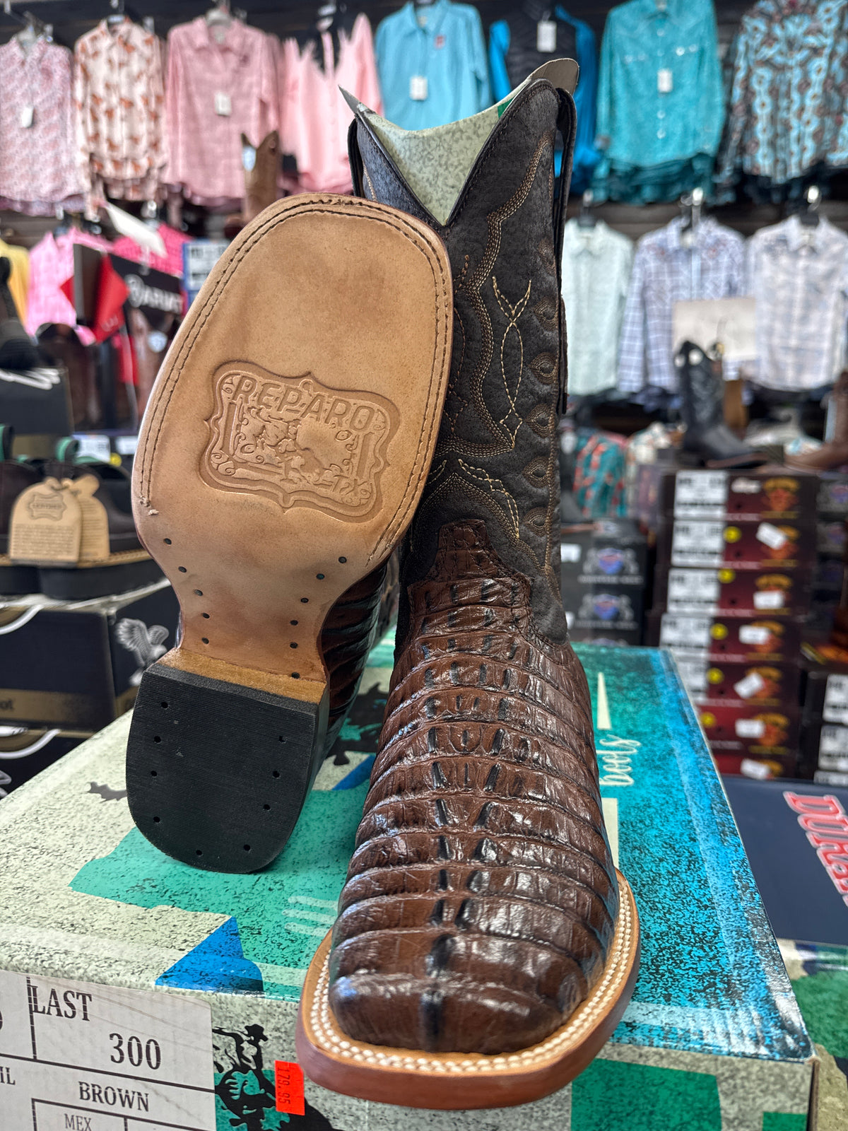 Reparo TX Brown caiman tail print men’s boots