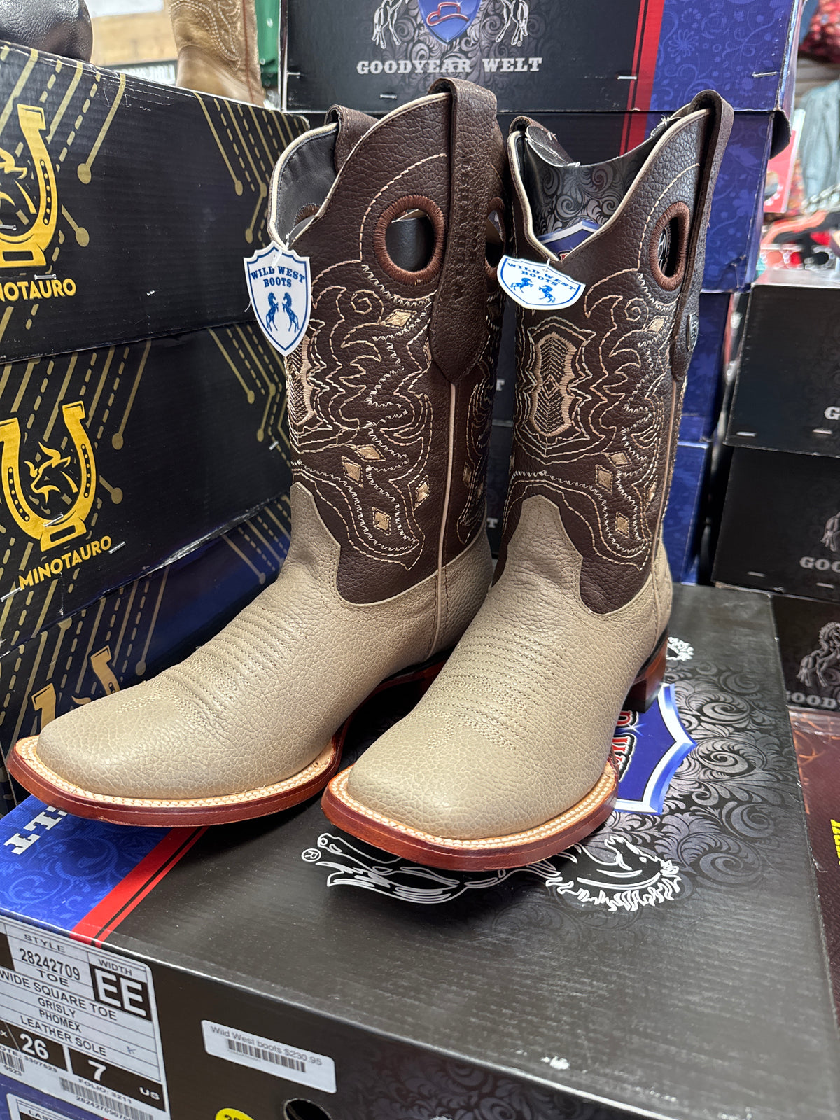 Wild West boots men’s wide square two grizzly phomex made in the USA