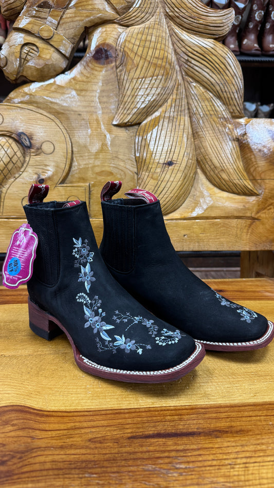 Lady canelo Women’s Western Rodeo Cowgirl Leather Flowered Half Boot Botin Botines Black