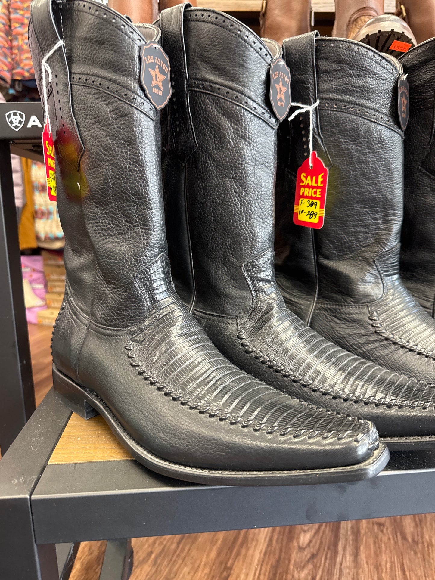 LOS ALTOS BLACK GENUINE TEJU LIZARD VERSAGE SQUARE TOE WESTERN BOOT