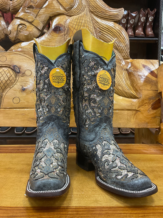 Corral Wmns blue with glitter inlay boot