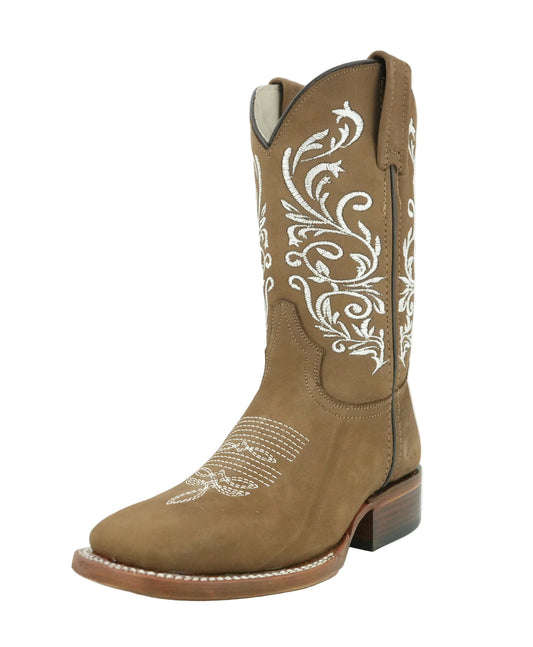 Calzatti Women's Hazelnut Nobuck Embroidered Wide Square Toe Boot