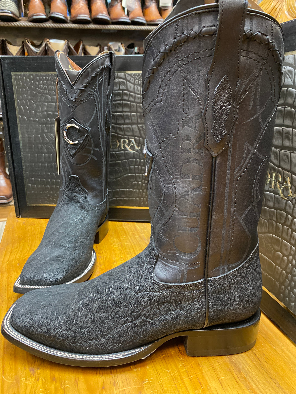 Cuadra Mens Square Toe Boot Authentic Elephant Leather Black