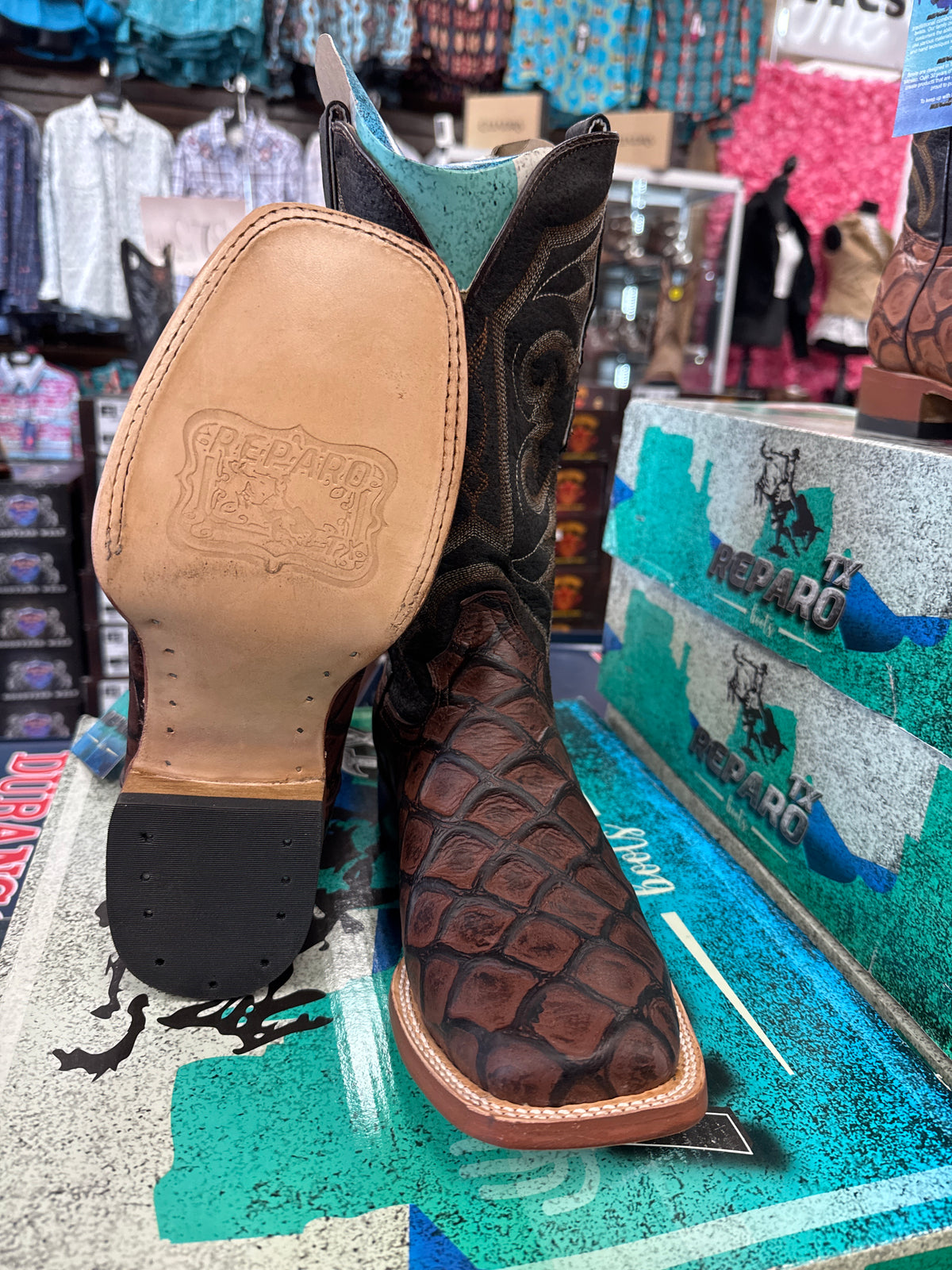 Reparo TX brown monster fish print Men’s boots