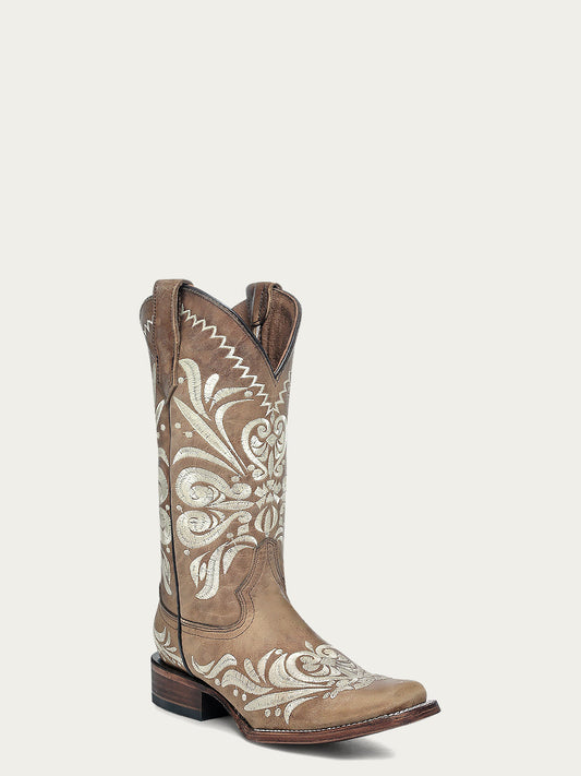 WOMEN'S LIGHT EMBROIDERY BROWN SQUARE TOE CIRCLE G COWBOY BOOT