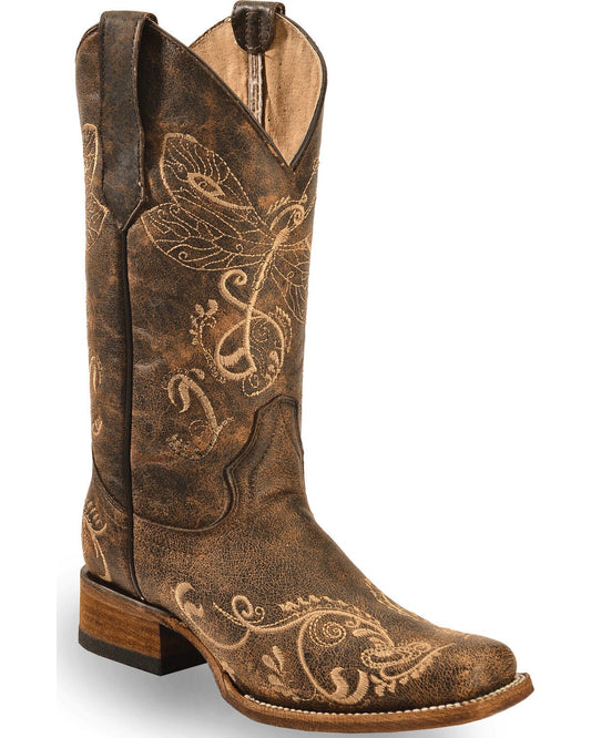 CIRCLE G WOMEN'S DRAGONFLY EMBROIDERED WESTERN BOOTS - SQUARE TOE