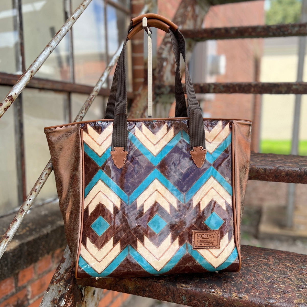 HOOEY "MONTEZUMA" BROWN/TURQUOISE AZTEC PATTERN CLASSIC TOTE PURSE
