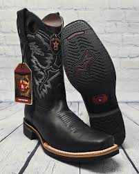 Los Altos Men's Black Genuine Grisly Leather Wide Square-Toe Cowboy Boots