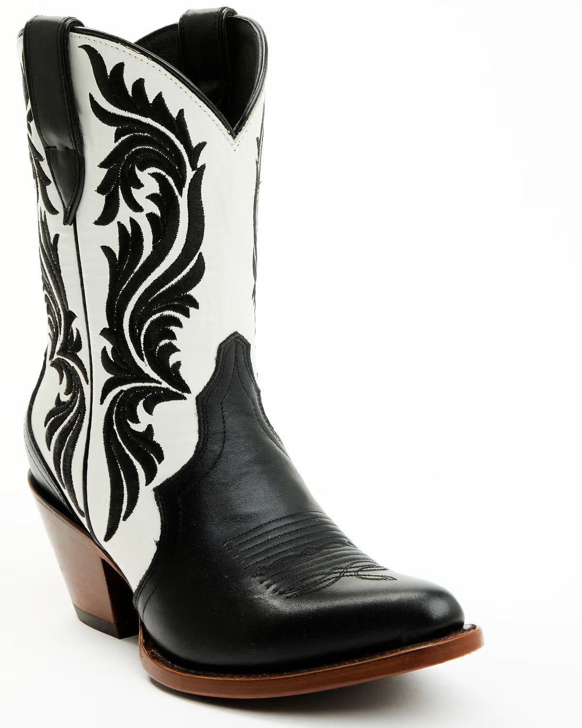 Black and white cowboy boot with intricate design on a white background