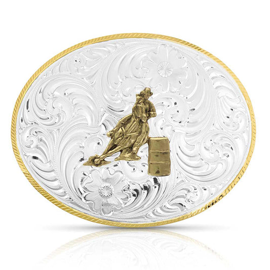 Montana Silversmiths Petite Two-Tone Engraved Belt Buckle w/ Barrel Racer