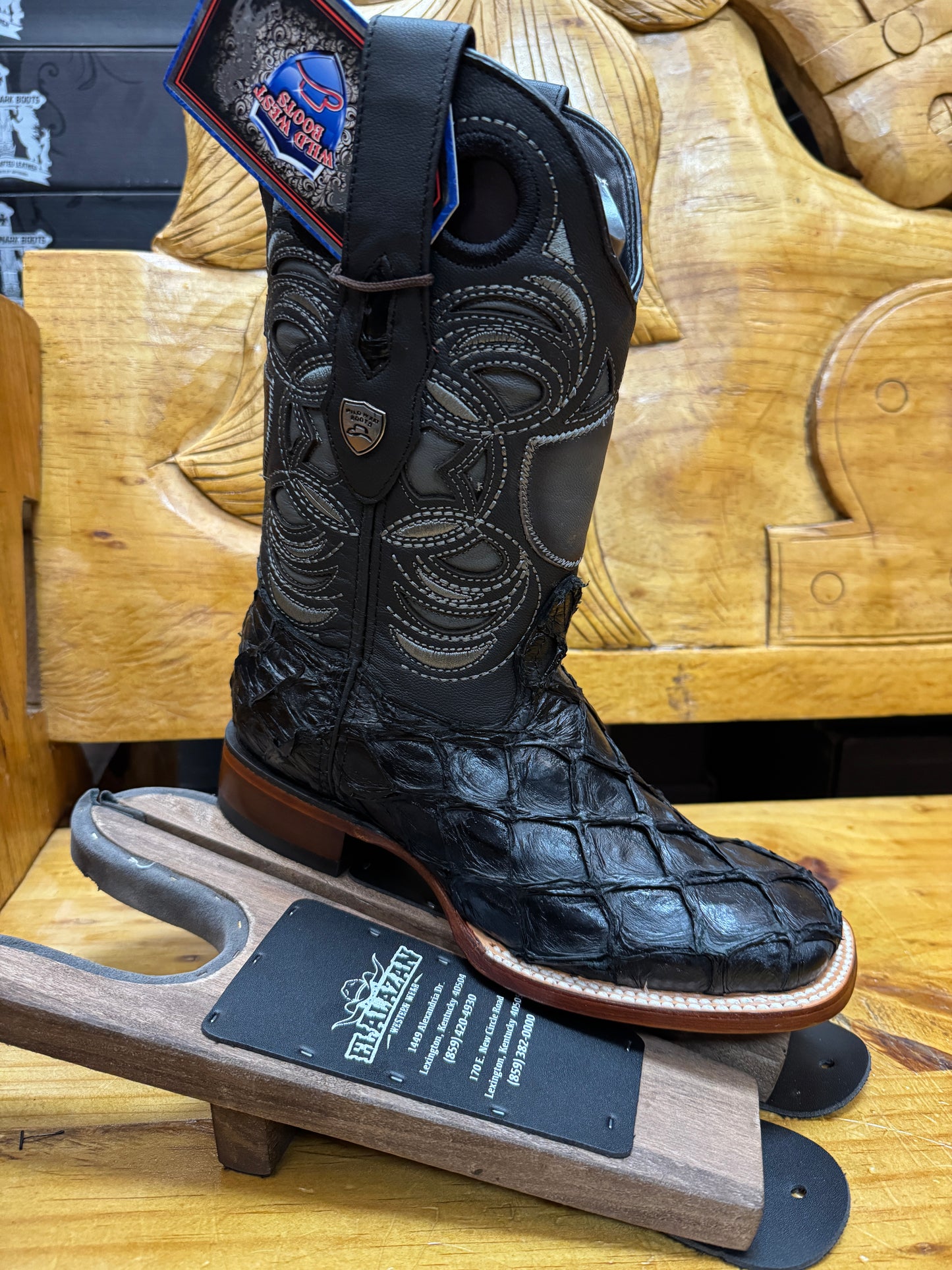 Wild West Men's Matte Black Pirarucu Cowboy Boots Square Toe
