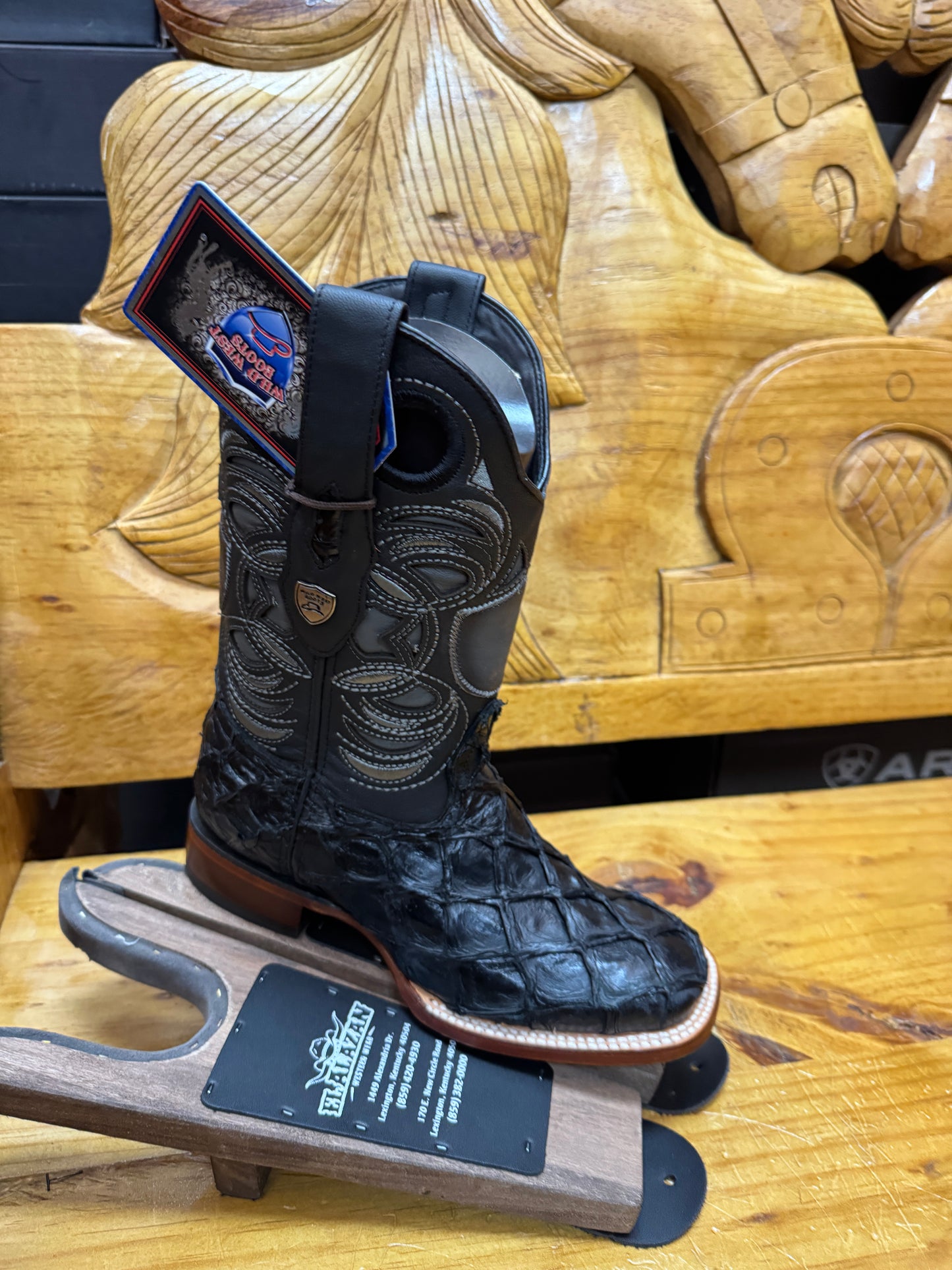 Wild West Men's Matte Black Pirarucu Cowboy Boots Square Toe