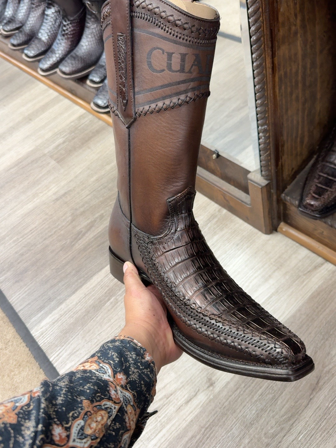 Cuadra men’s copper-brown caiman leather narrow square-toe cowboy boot
