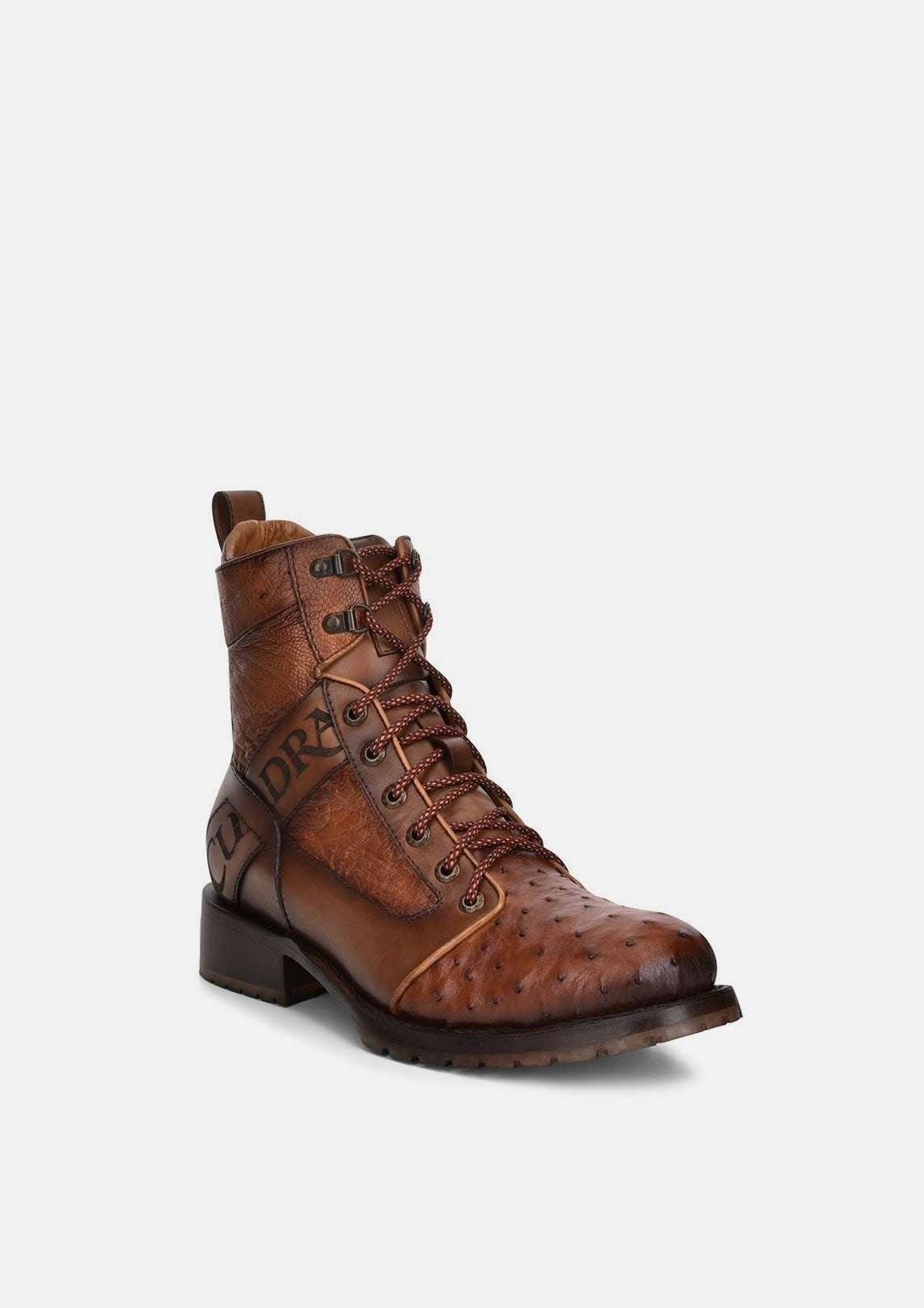Side view of Cuadra CU495 Brandy ostrich lace-up boot with laser detailing