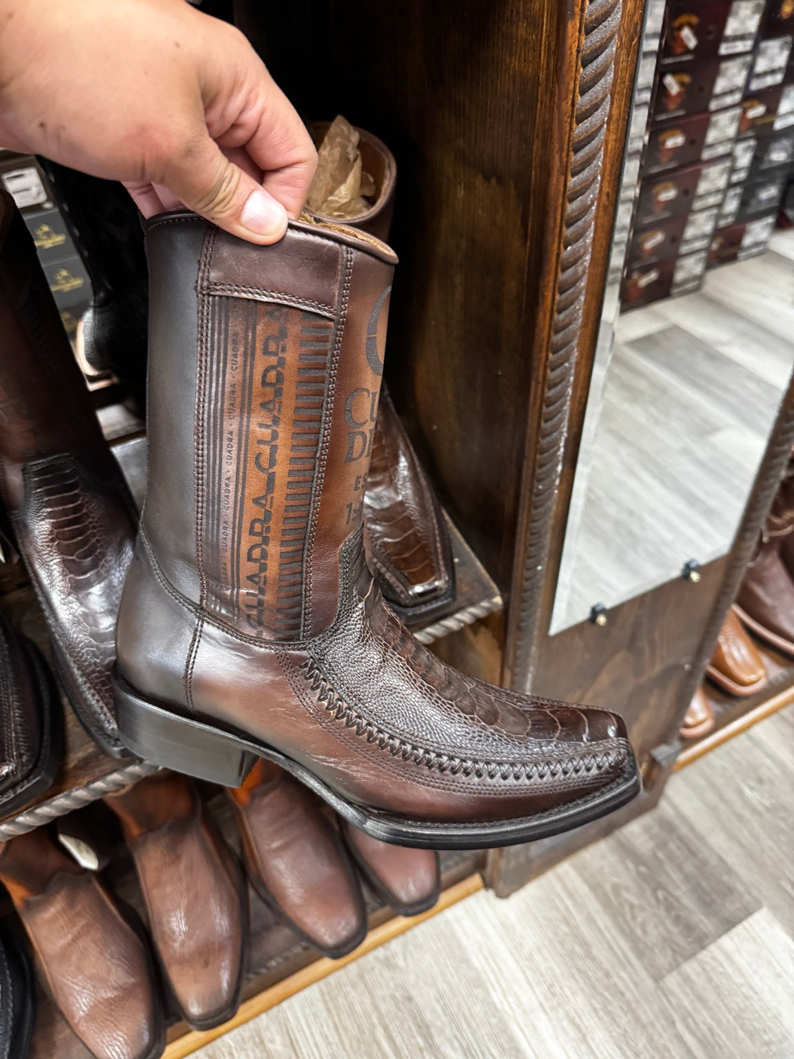 Cuadra CU631 brown ostrich leg tall zip boot, side view