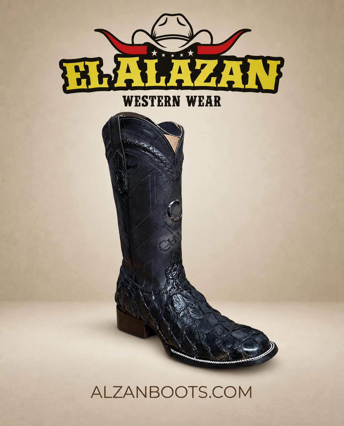 Cuadra men's black embroidered pirarucu leather square toe boot at El Alazan Western Wear