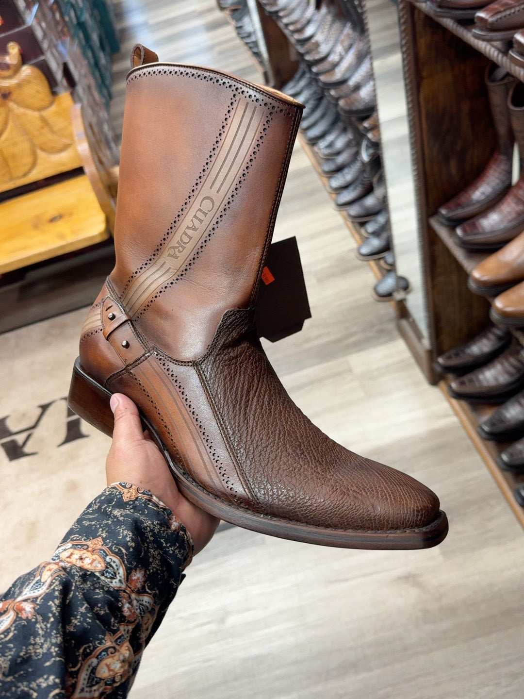Cuadra men’s brown shark leather narrow square-toe cowboy boot, side view