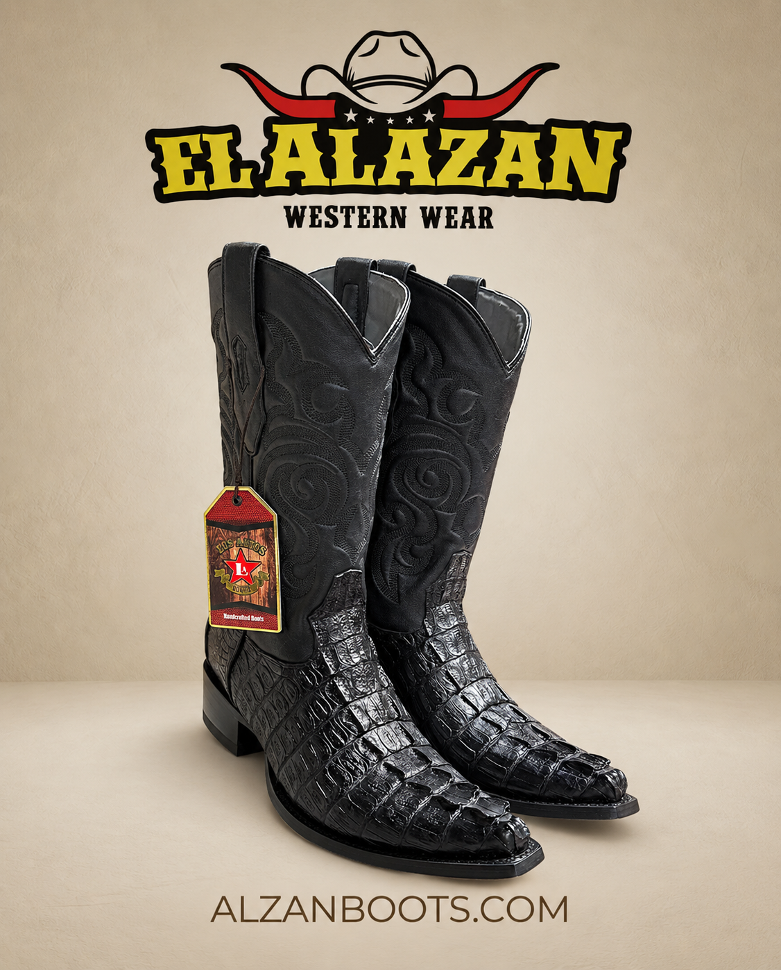 Los Altos men's genuine caiman tail snip-toe cowboy boots in Black on El Alazan branded background