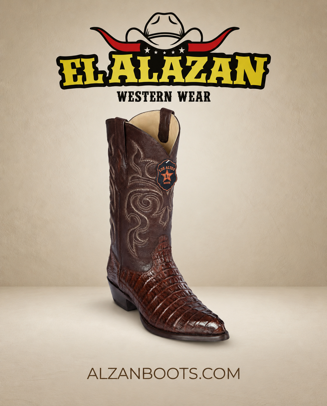 Los Altos men's genuine caiman tail snip-toe cowboy boot in Brown on El Alazan branded background